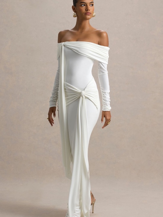 Club L London Dresses & Skirts - Off-Shoulder White Draped Knot Maxi Dress | Club L London - JOVIE
